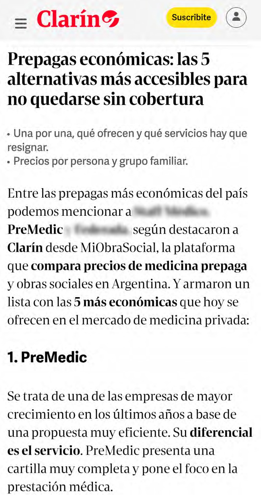 Nota de Clarín: Prepagas económicas, las 5 alternativas más accesibles para no quedarse sin cobertura. PreMedic mencionada en primer lugar.
