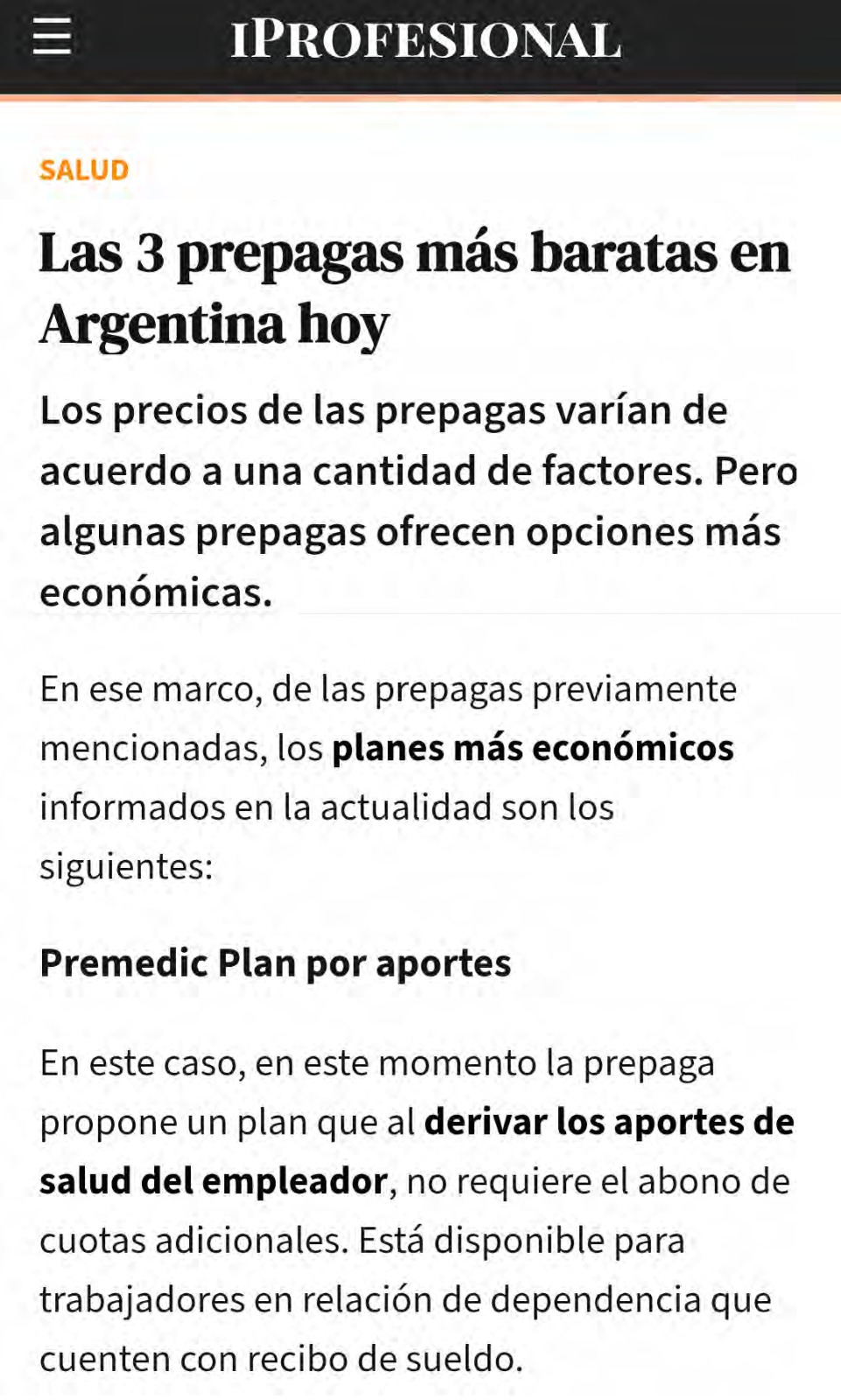 Nota de iProfesional: Las 3 prepagas más baratas en Argentina hoy. PreMedic Plan por aportes mencionado primero.